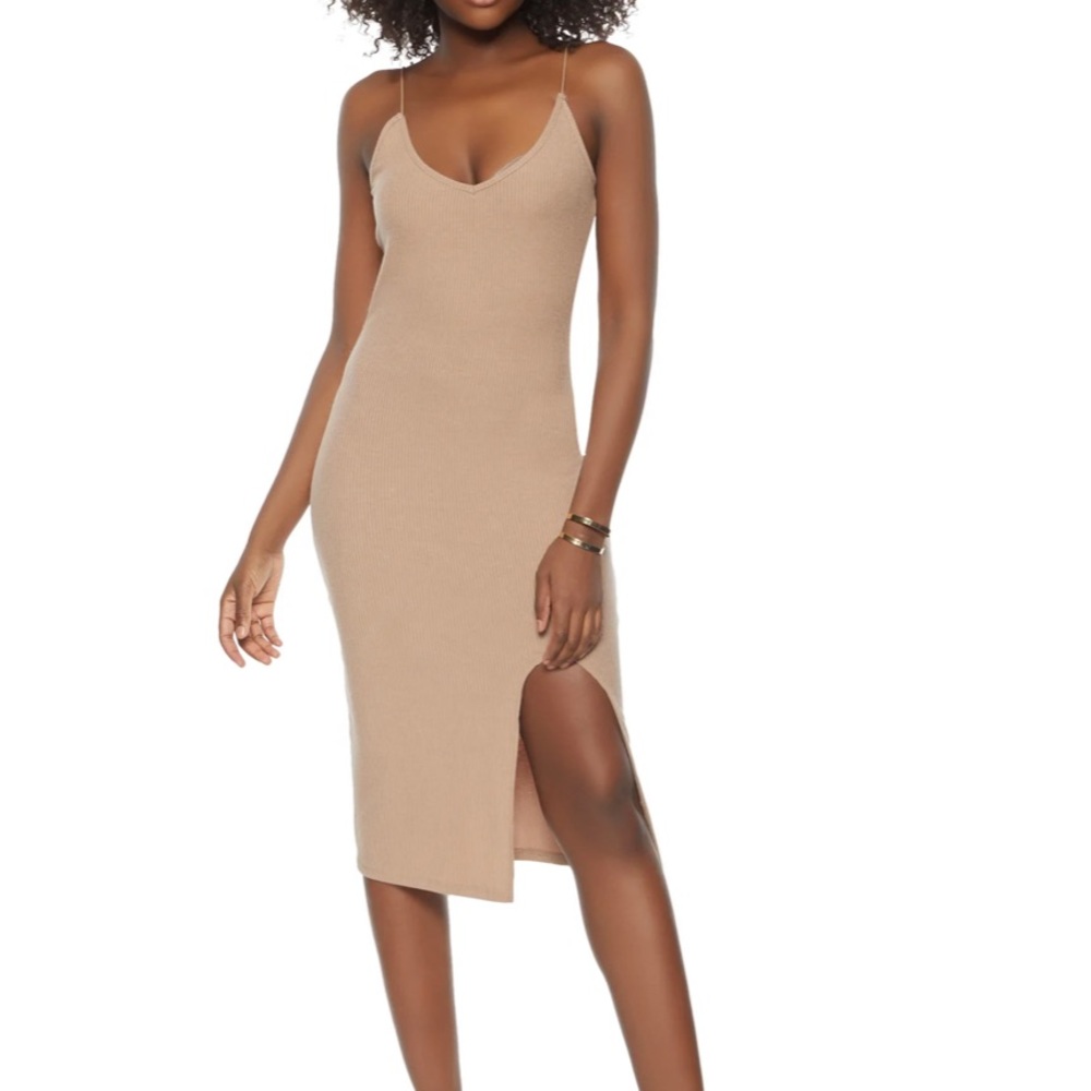 Rib Knit Front Slit Cami Dress - Natural Size-Small